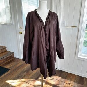 Match Point Womens Cardigan Size M Brown Lagenlook Ruffle Trim Open Front Layer